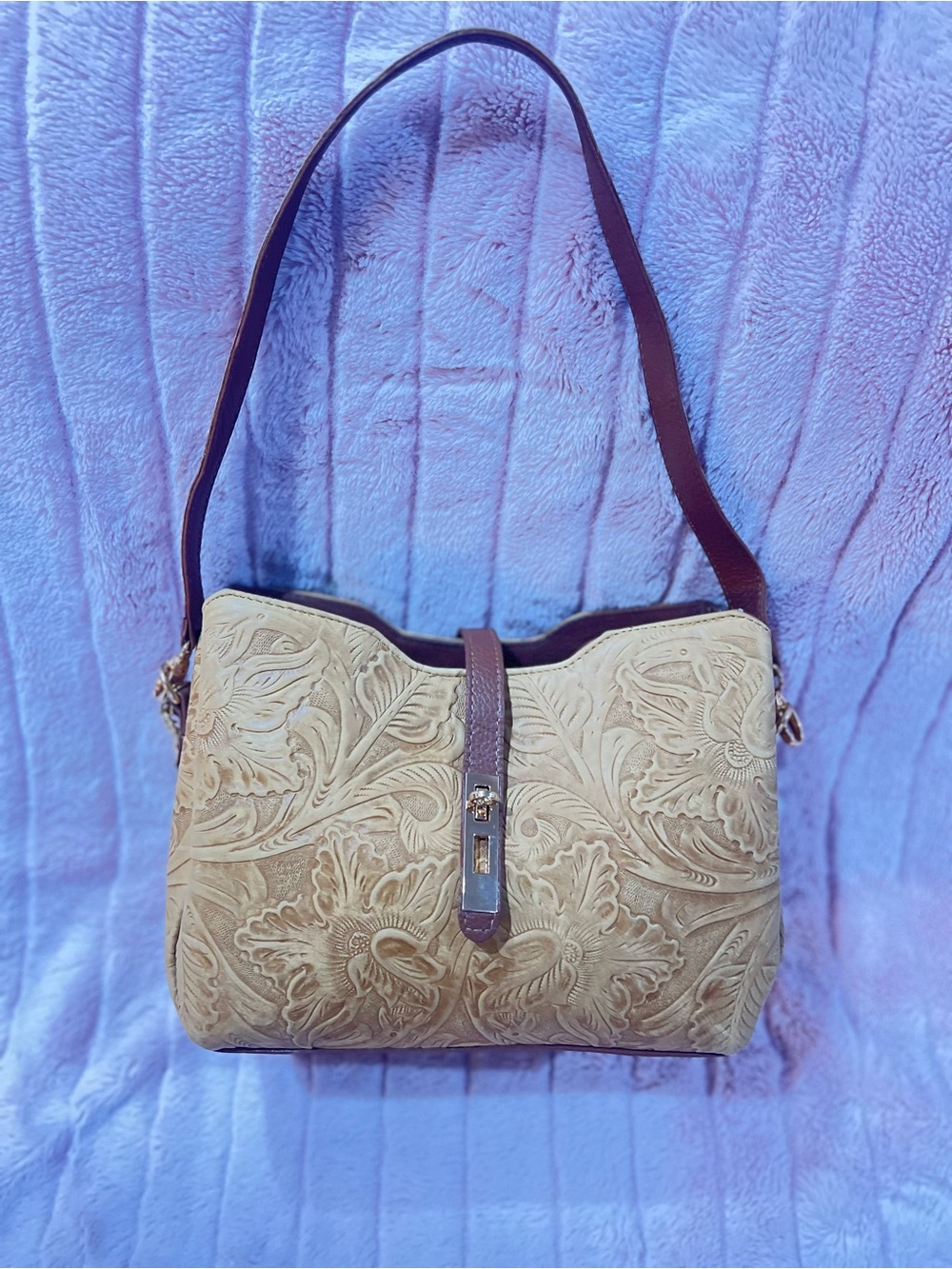 Tooled Floral Leather Shoulder Bag in Tan with Brown Strap